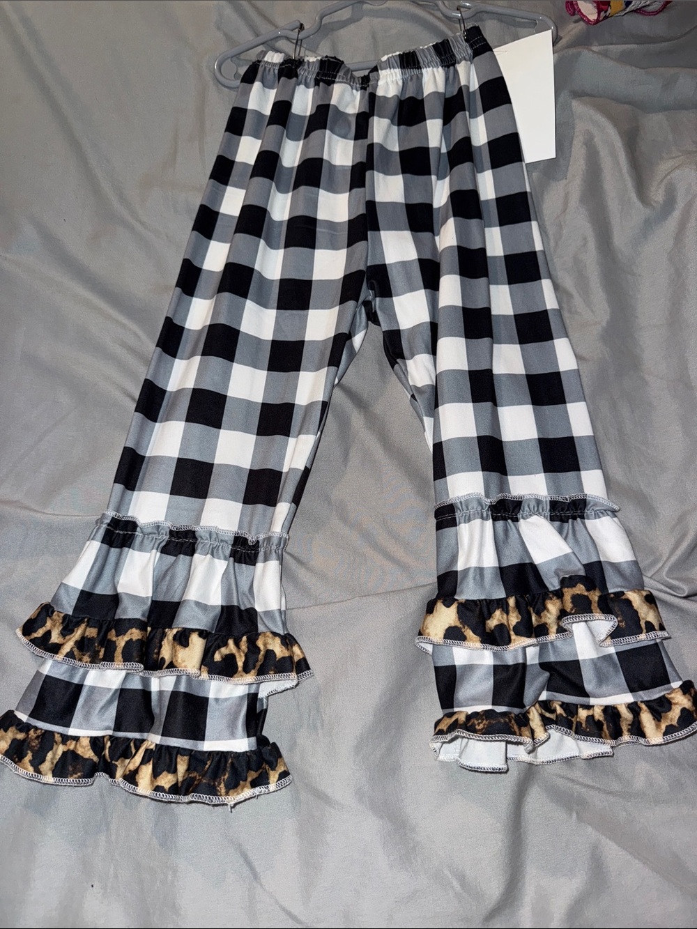 Girls Black & White Buffalo Check Ruffle Bottoms with Leopard Trim
